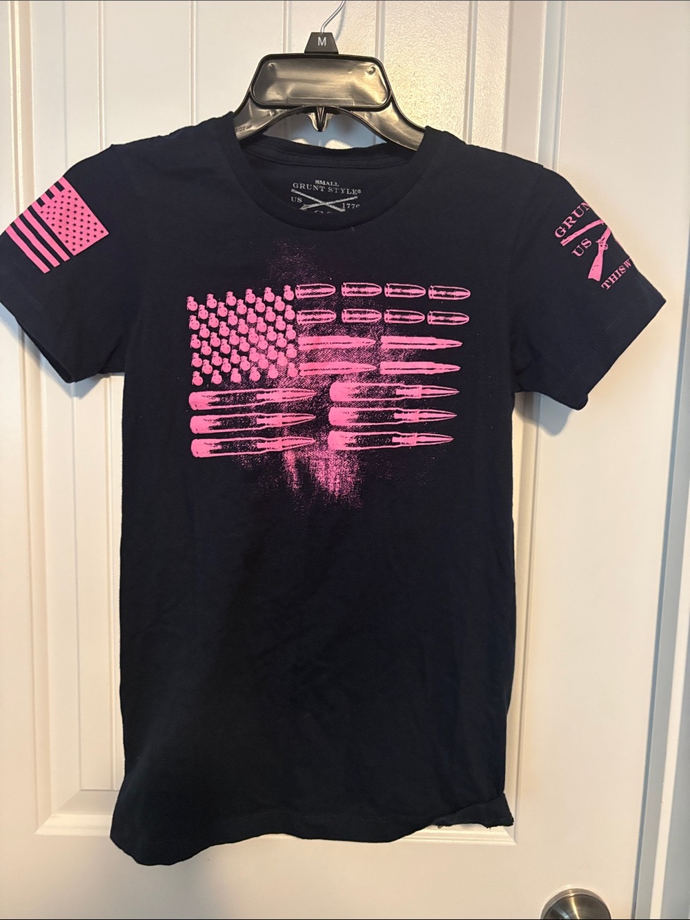 Grunt Style Navy Kids T-Shirt with Pink Flag & Bullet Graphic